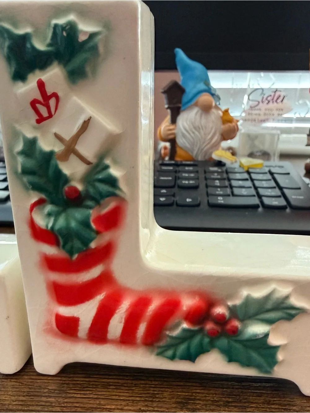 Vintage! Holiday Ceramic Letter Decor with Holly and Bells - White/Green/Red